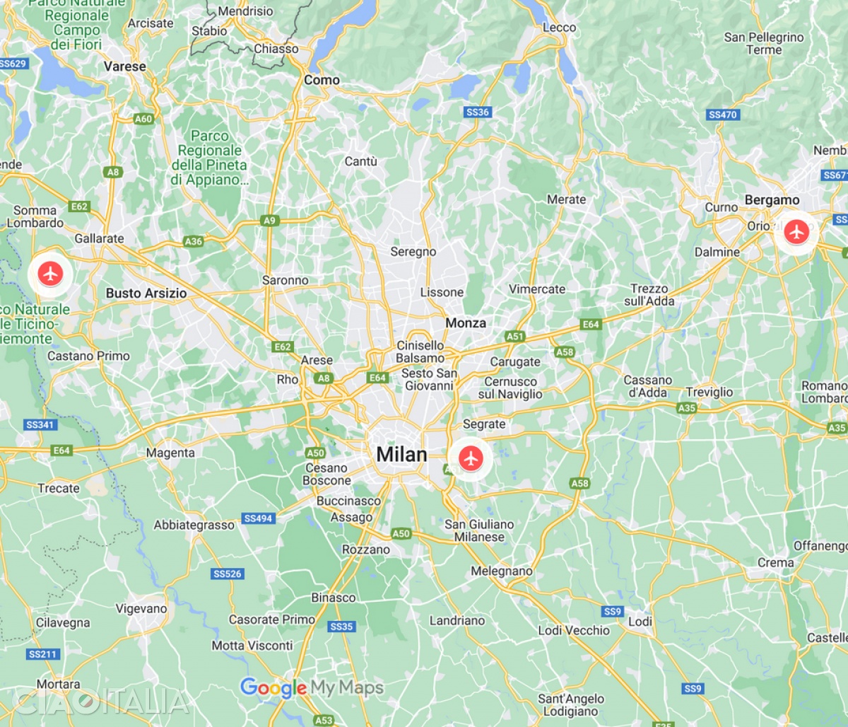 Hartă aeroporturi Milano