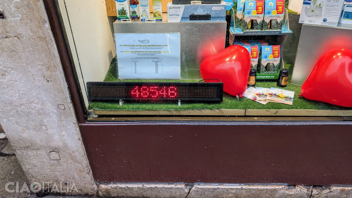Pe panoul din vitrina farmaciei este afișat în timp real numărul locuitorilor din Veneția.