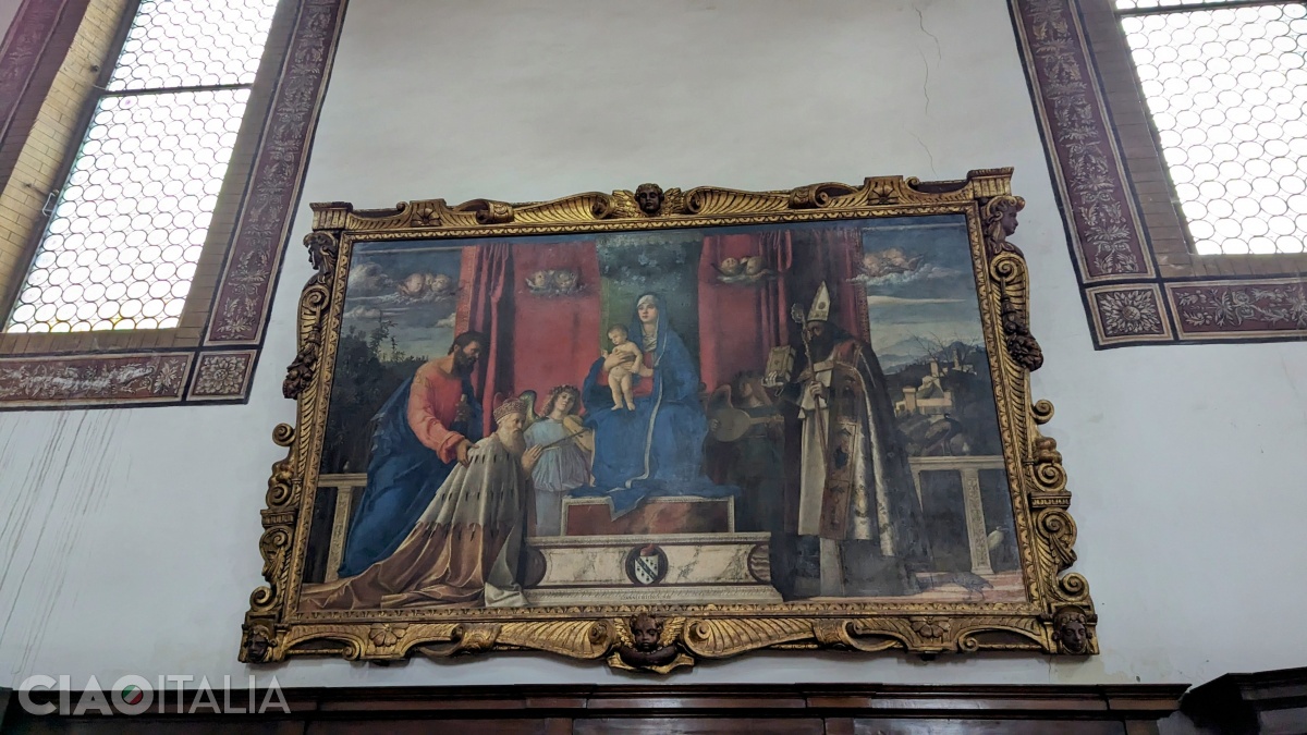 Giovanni Bellini - Fecioara pe tron între Sf. Evanghelist Marcu, care îl prezintă pe doge și Sf. Augustin