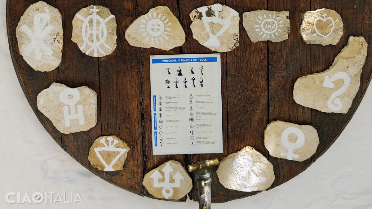 Prin magazinele din Alberobello sunt expuse diferite interpretări ale simbolurilor de pe acoperișurile trullilor.