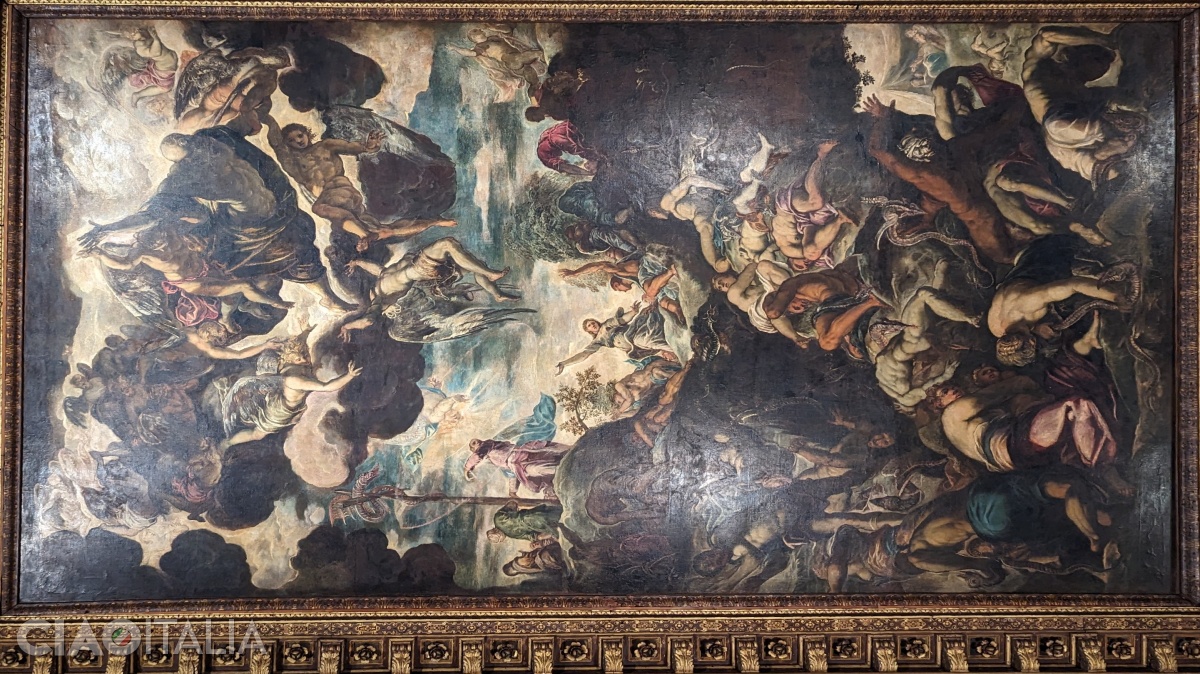 "Șarpele de bronz" a fost primul tablou pictat de Tintoretto pe tavanul sălii.