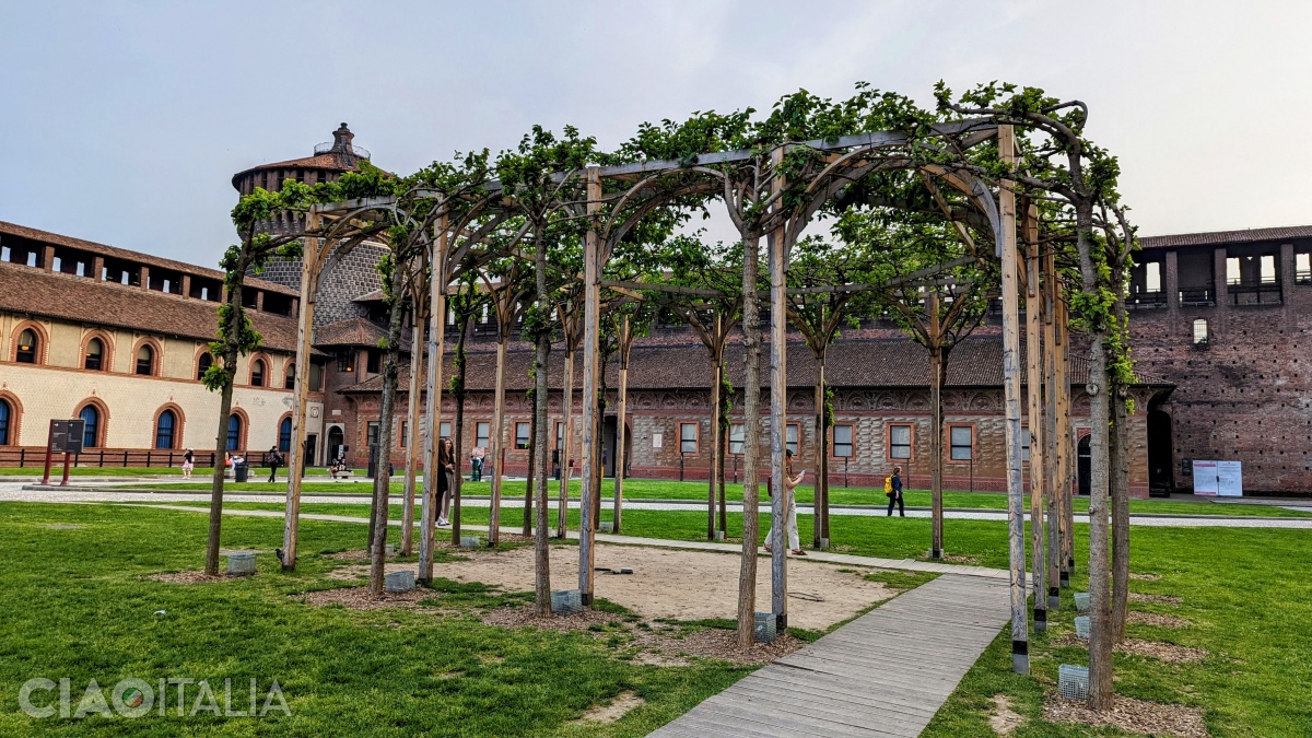 Pergola cu duzi din Curtea Armelor reia decorația din sala pictată de Da Vinci.