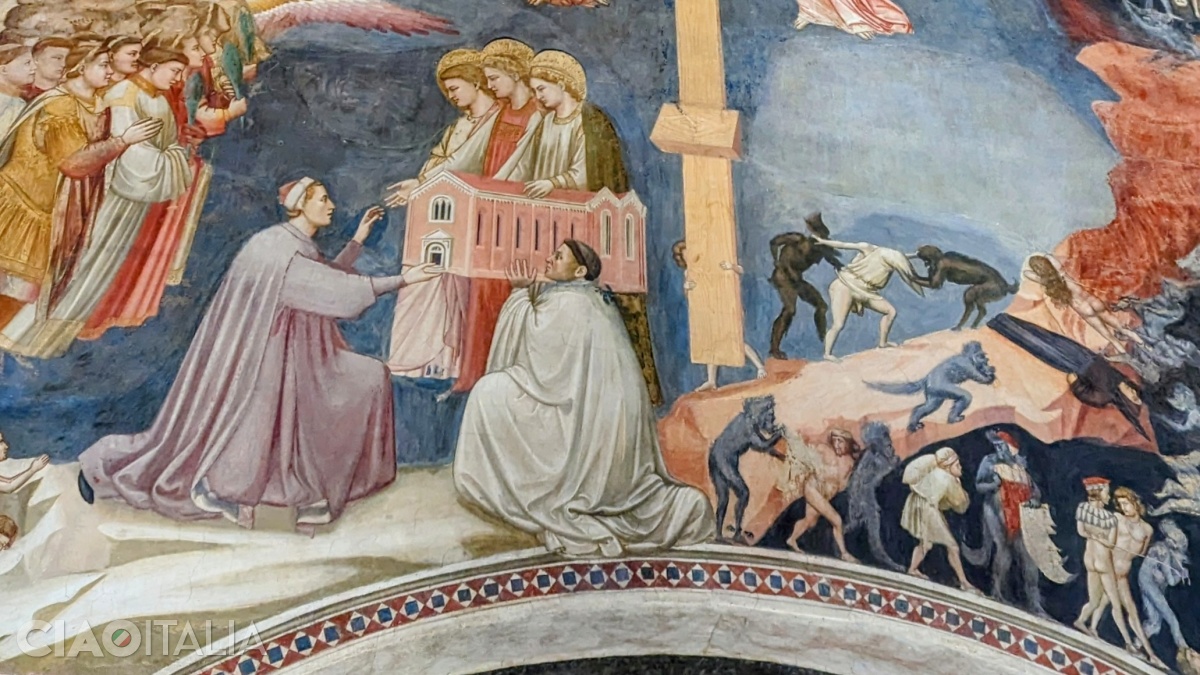 Enrico Scrovegni, oferindu-i capela Fecioarei, alături de Altegrado de' Cattanei, cel care a conceput programul iconografic.