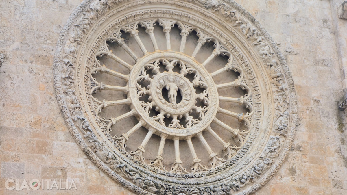 Pe cercul exterior, rozeta este decorată cu busturile celor 12 apostoli, iar în centru se găsește Iisus în ipostaza de Salvator Mundi.