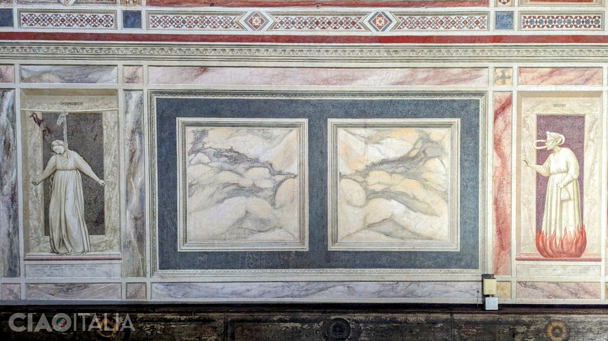 Disperarea apare ca un om sp&acirc;nzurat, iar Invidia are un șarpe &icirc;n loc de limbă.